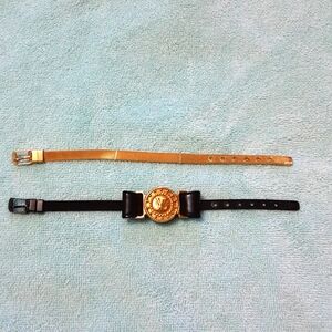 Black Leather Bracelet with Gold Medallion & Gold Mesh Strap